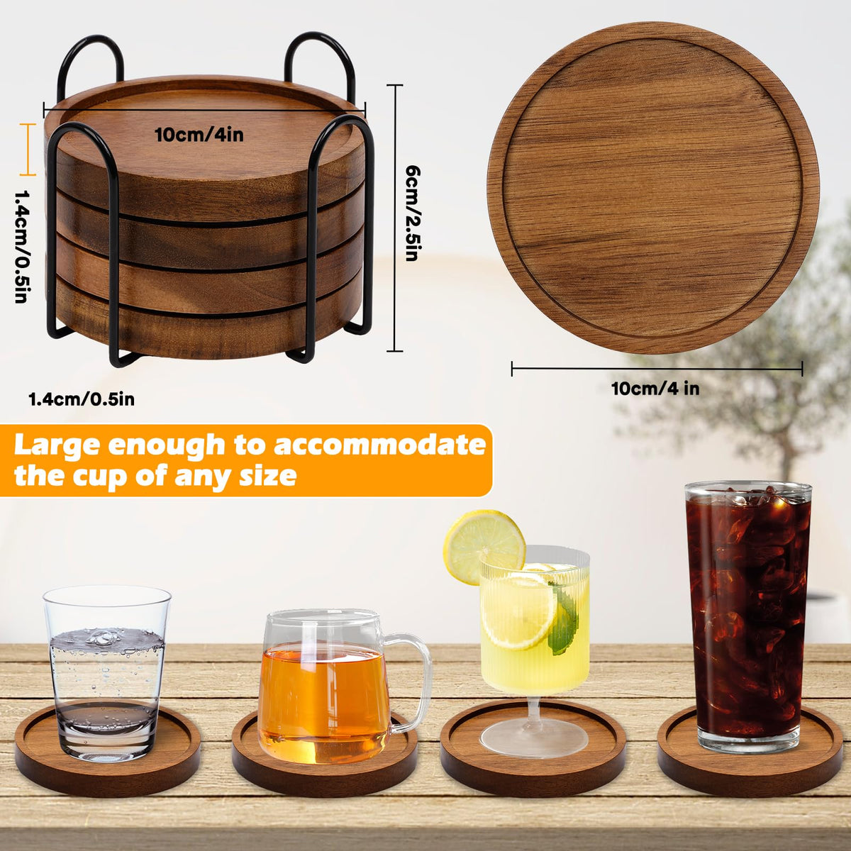 Mckanti wood coaster on coffee table prevents water rings.