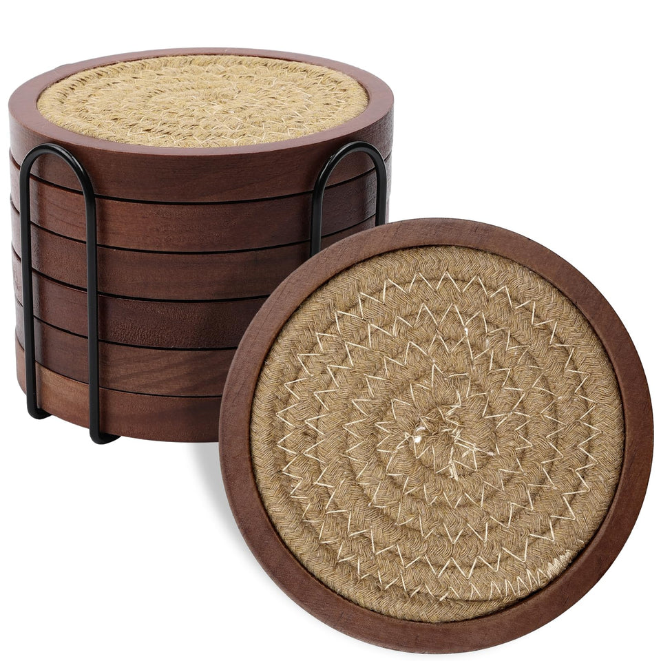 Mckanti wood coaster set with holder on a table for stylish protection