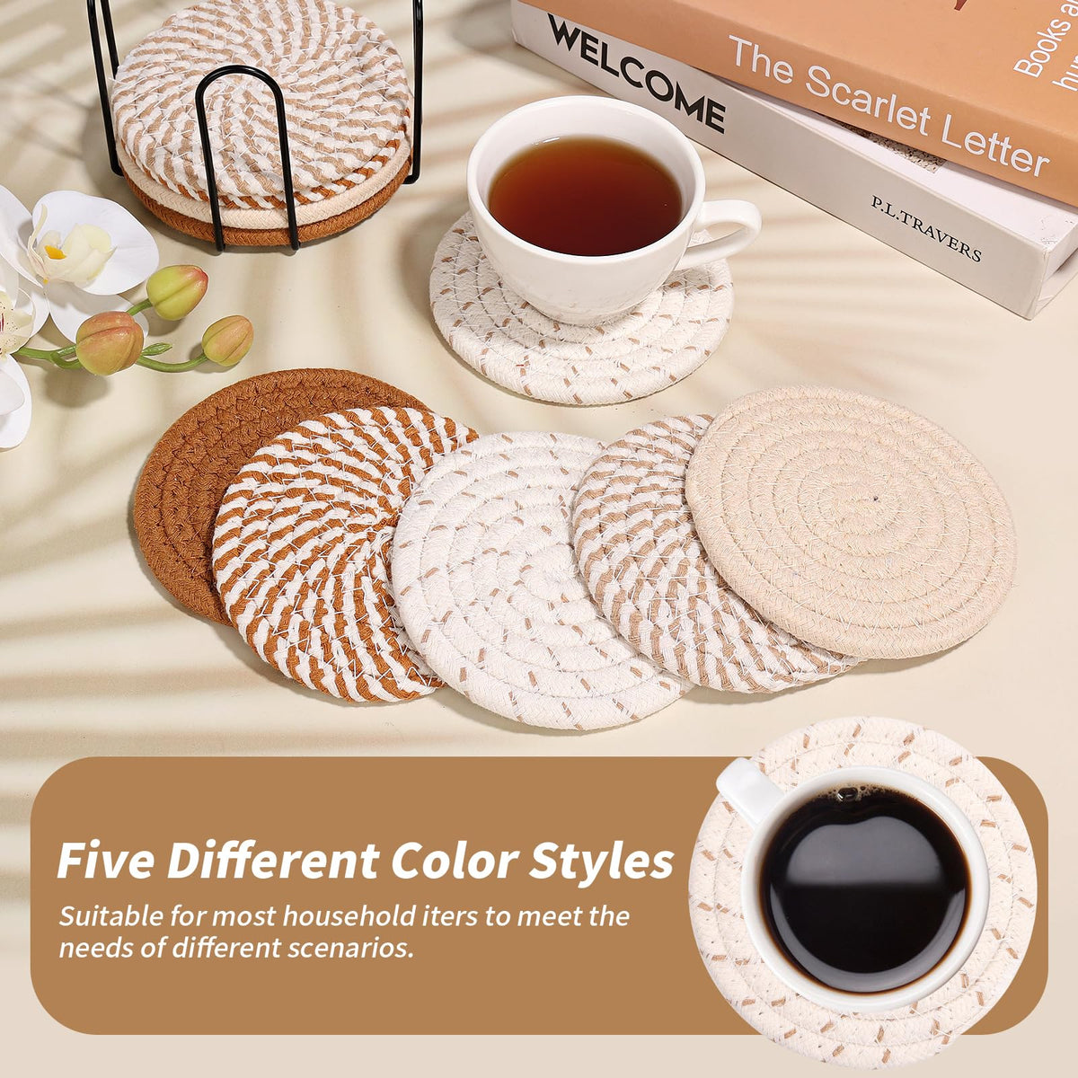 Mckanti woven cotton coasters in five colors enrich home decor.