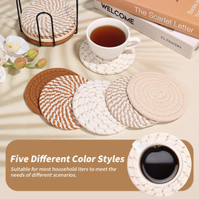 Mckanti woven cotton coasters in five colors enrich home decor.