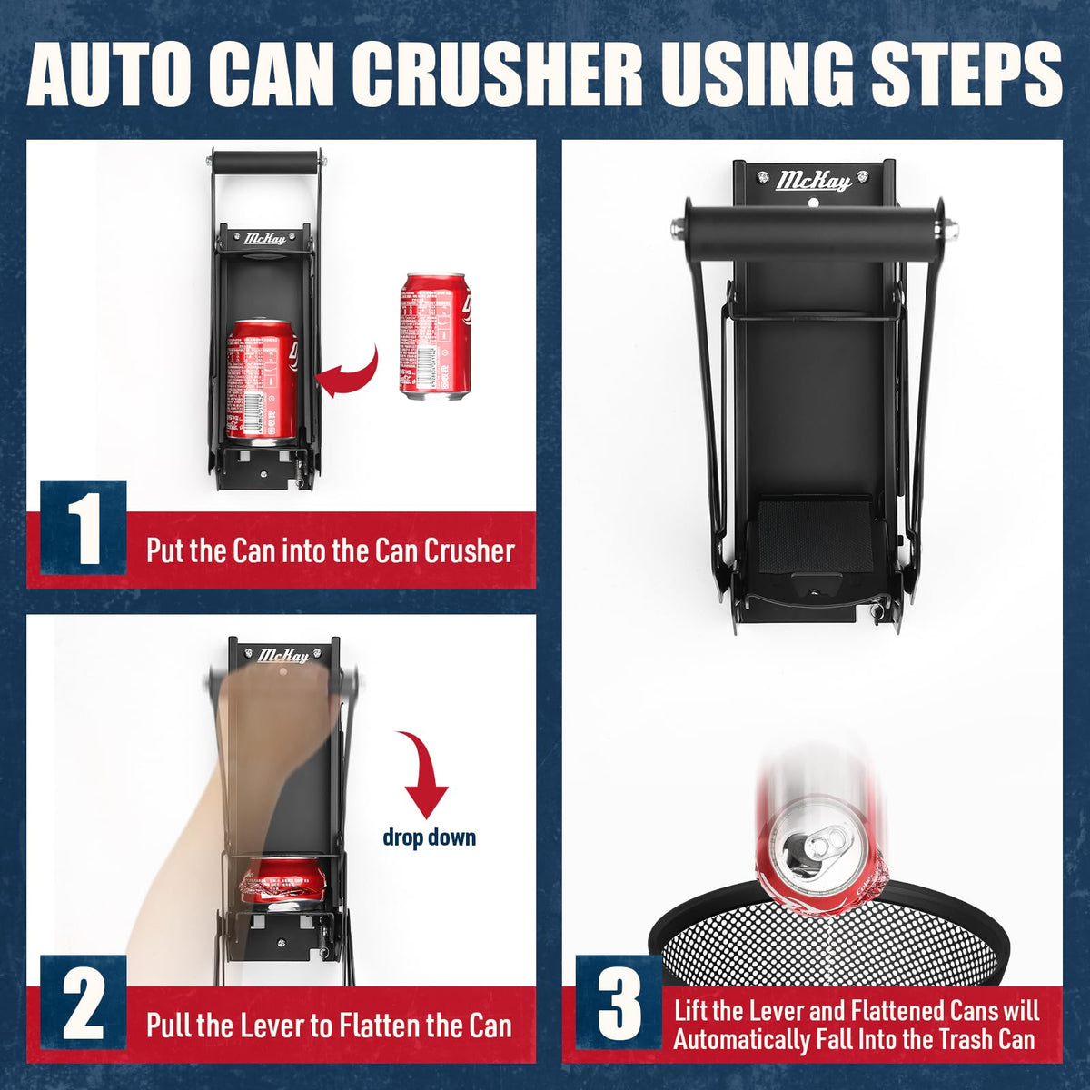 McKay auto crush mechanism demonstrating automatic reduction of cans.
