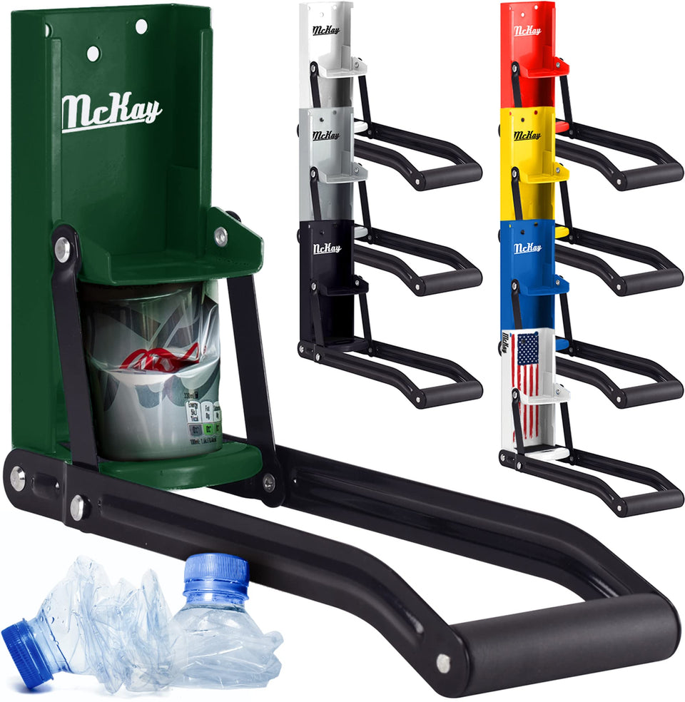 McKay heavy-duty wall-mounted can crusher secured on a solid surface for easy recycling.