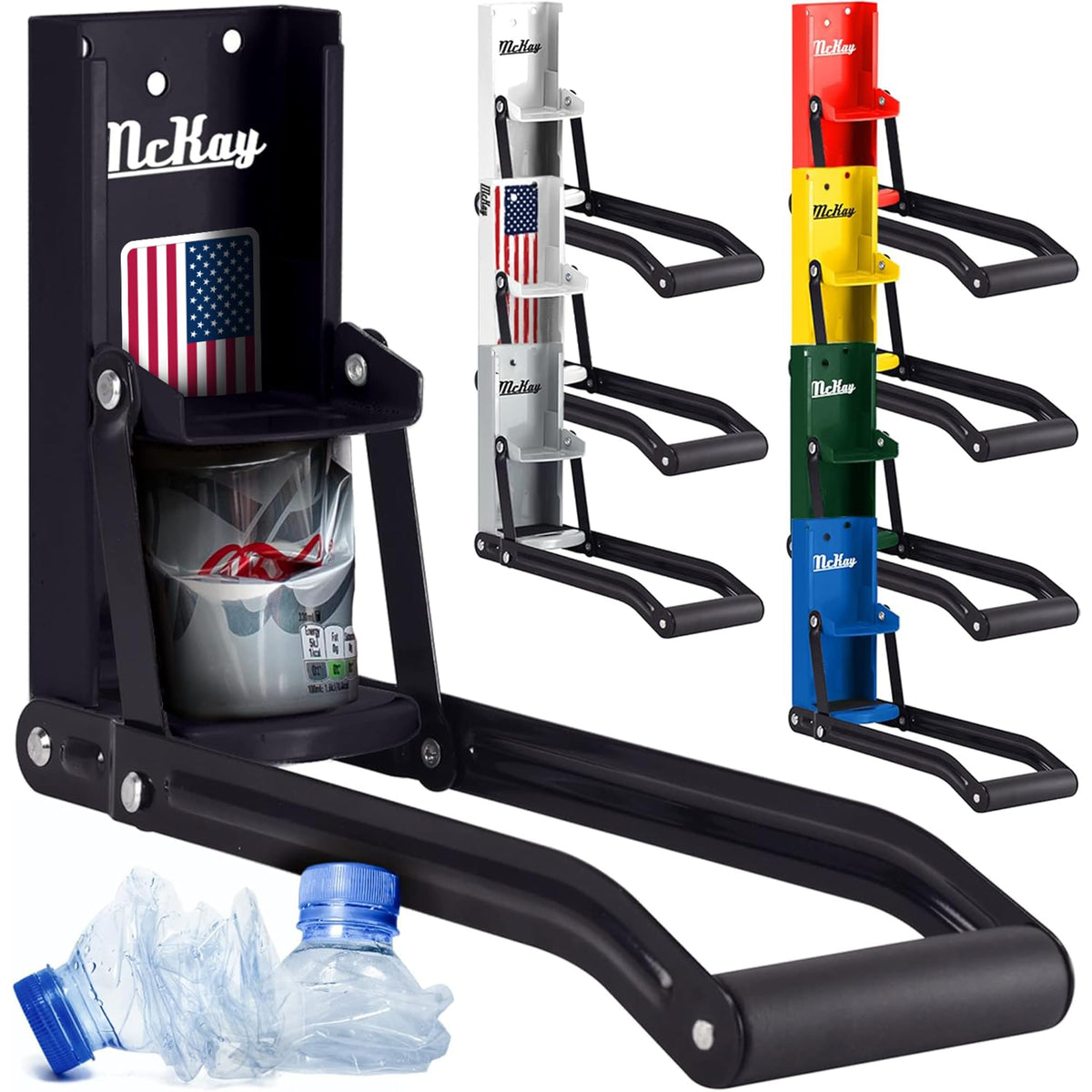 McKay US flag wall-mounted can crusher for space-saving recycling.