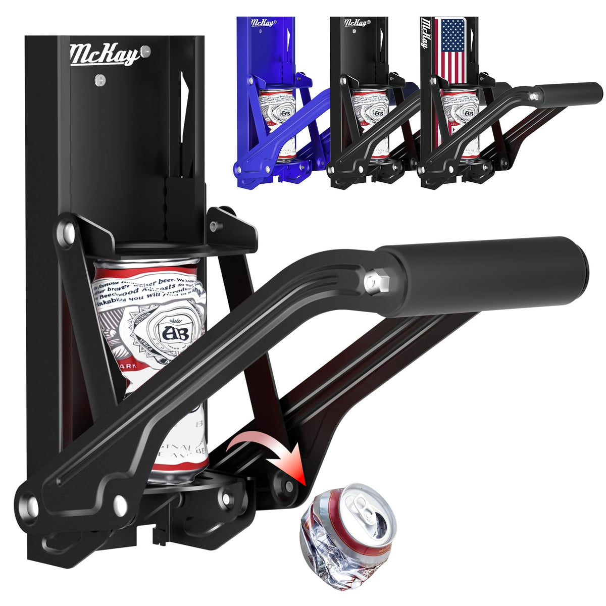 McKay wall-mount can crusher handles 16oz and 12oz cans for efficient recycling.