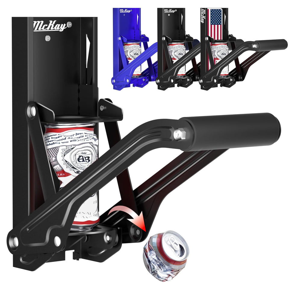 McKay wall-mount can crusher handles 16oz and 12oz cans for efficient recycling.