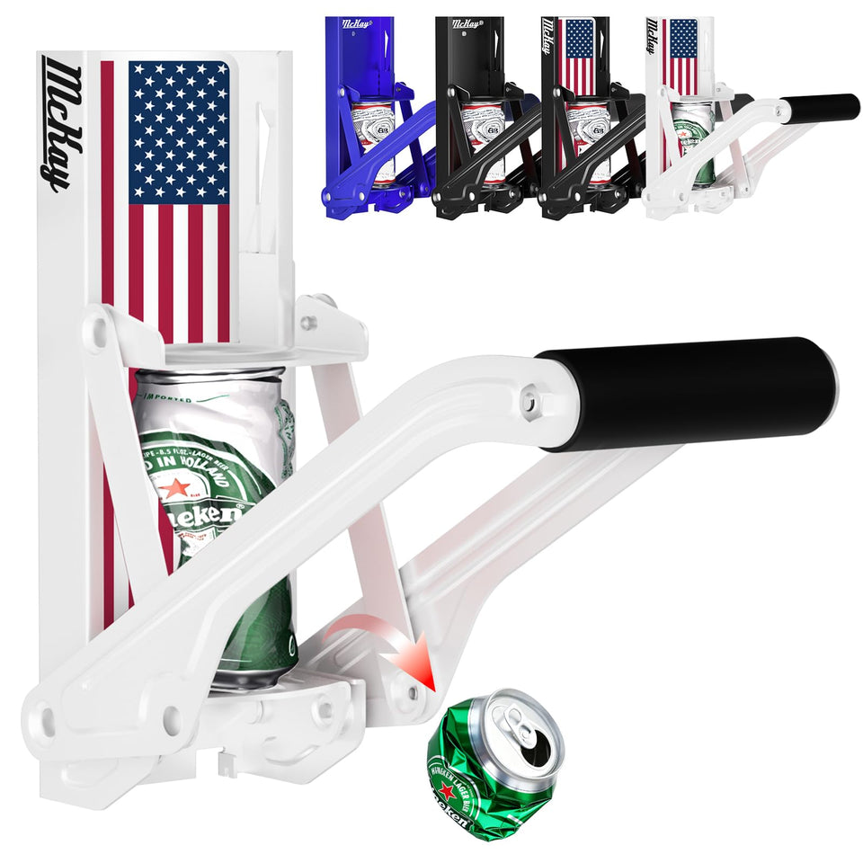 McKay wall-mount can crusher showing automatic recycling action for home use