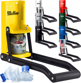 McKay wall-mounted can crusher in yellow with 16 oz and 12 oz cans for easy recycling
