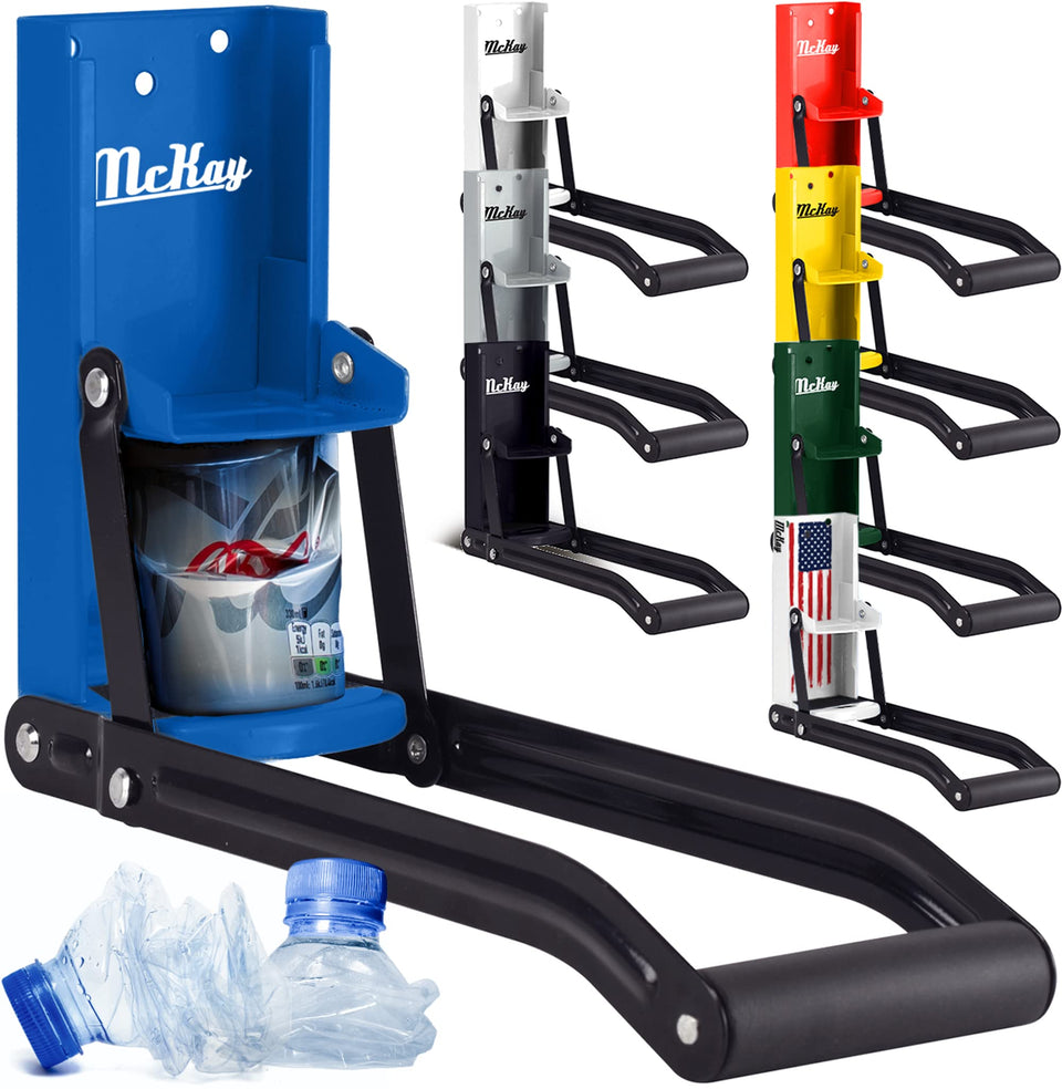McKay wall-mounted can crusher demonstrates 16oz and 12oz compatibility for space-saving recycling.