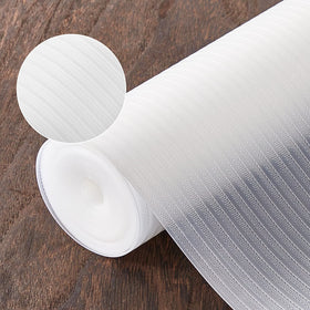 Mcrbeay striped fridge liner with non-slip design keeps items stable on shelves.