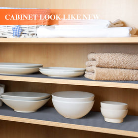Mcrbeay waterproof cabinet liner helps keep shelves dry and easy to clean.