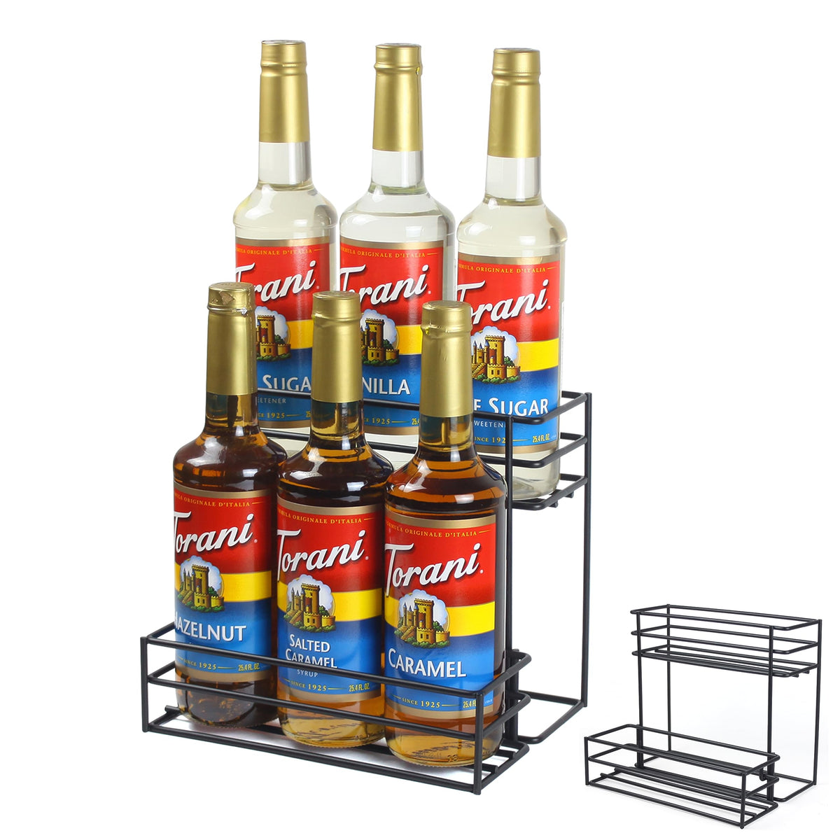 MCSAPIL Coffee Syrup Rack with six bottles on a counter keeps drinks organized.