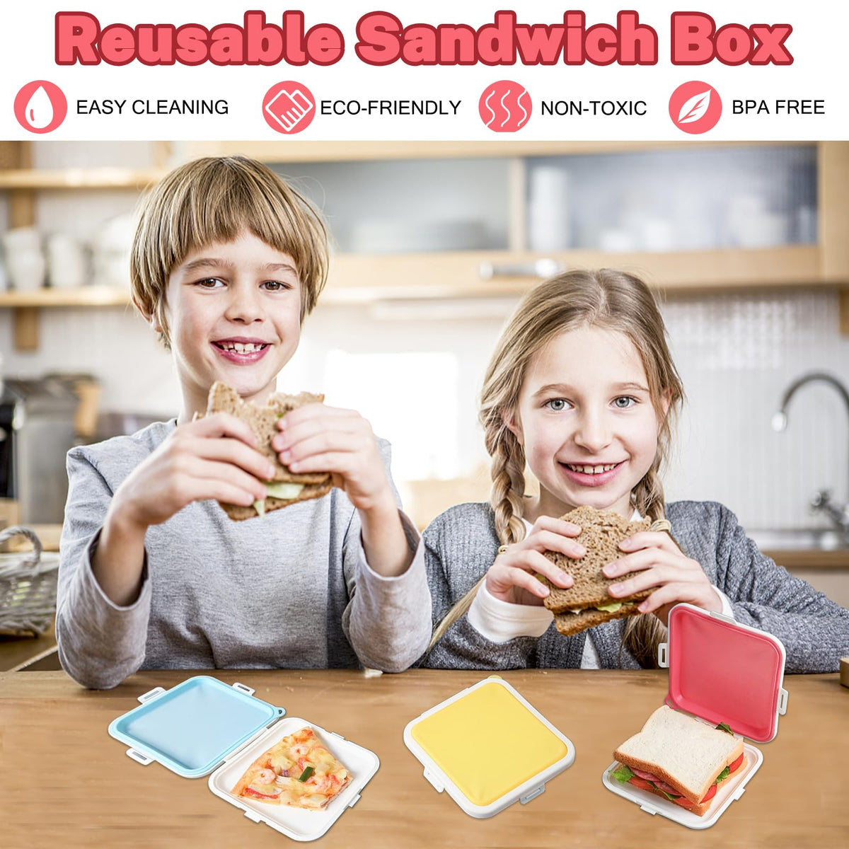 Compact MdakeGo lunch box fits sandwiches, fruit, and snacks for workdays.