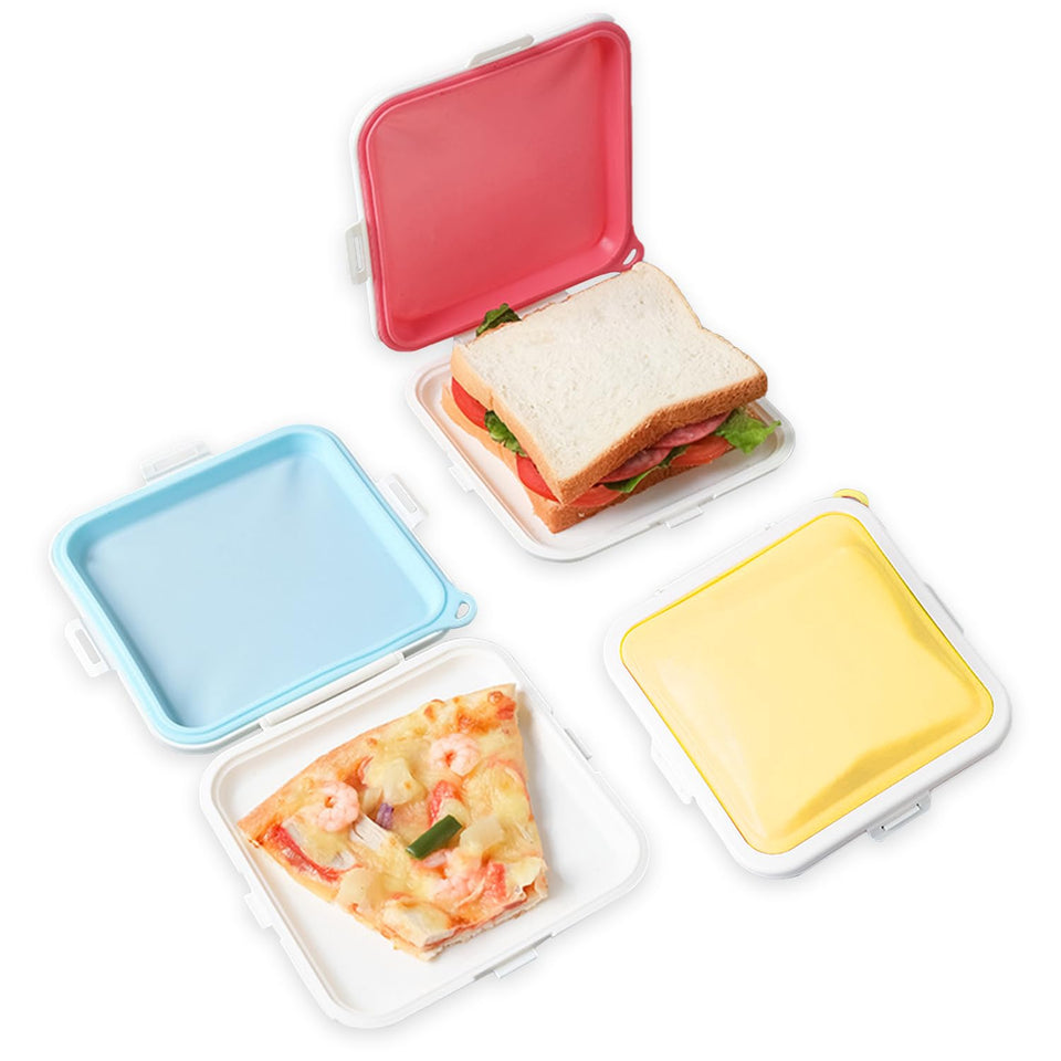 MdakeGo silicone sandwich containers in pink, blue, yellow keep lunches fresh.
