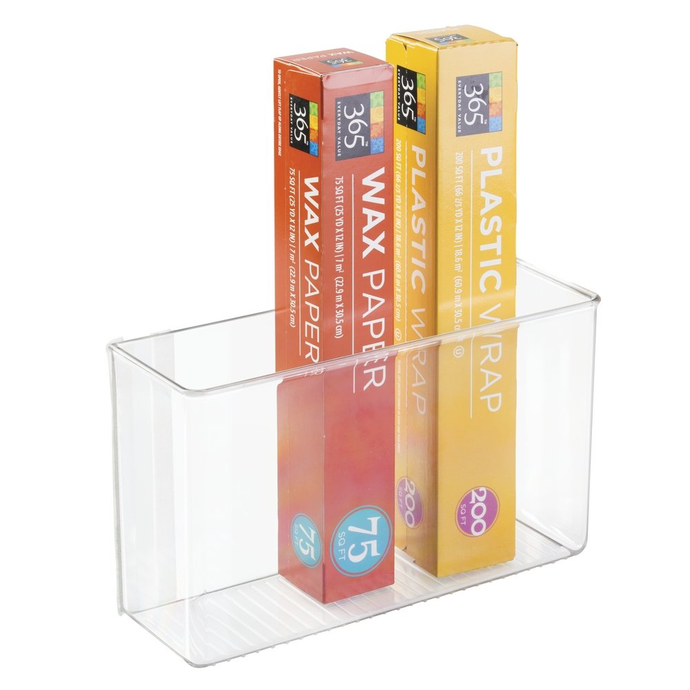 mdesign adhesive-mount storage container on pantry wall keeps sandwich bags organized