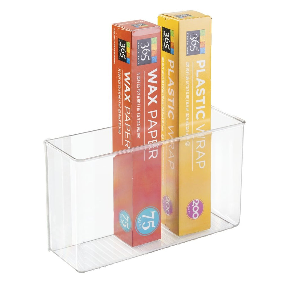 mdesign adhesive-mount storage container on pantry wall keeps sandwich bags organized