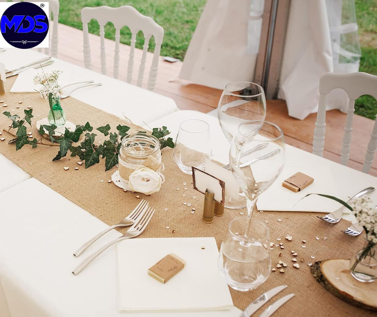 MDS burlap table runner on farmhouse-table creates nostalgic vintage charm.