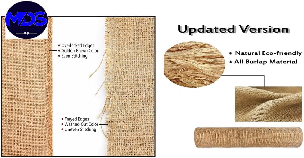 MDS seamless-hemmed burlap runner prevents fraying for repeated use.