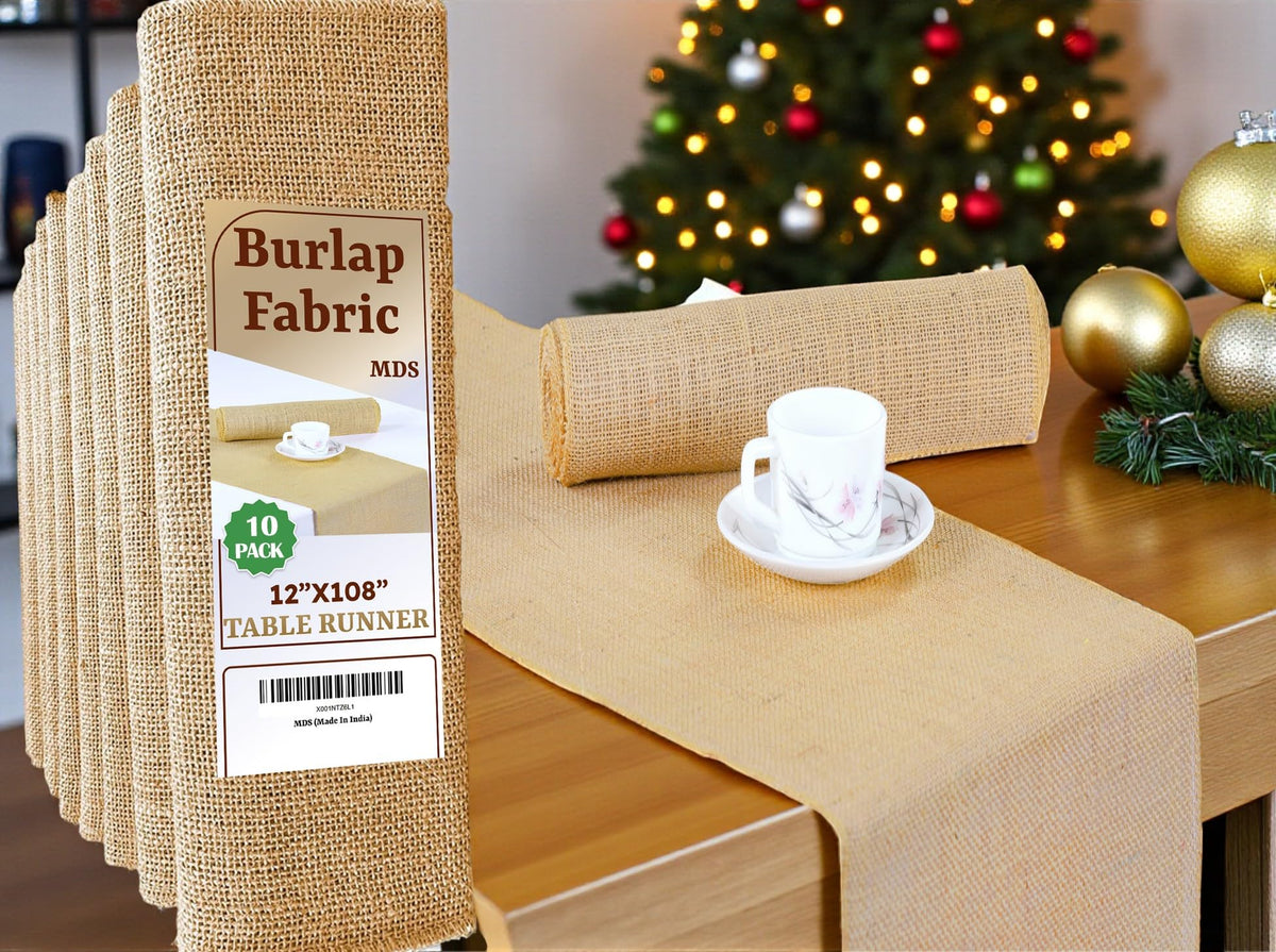 MDS natural burlap table runner on wedding-dining-setup adds rustic warmth.
