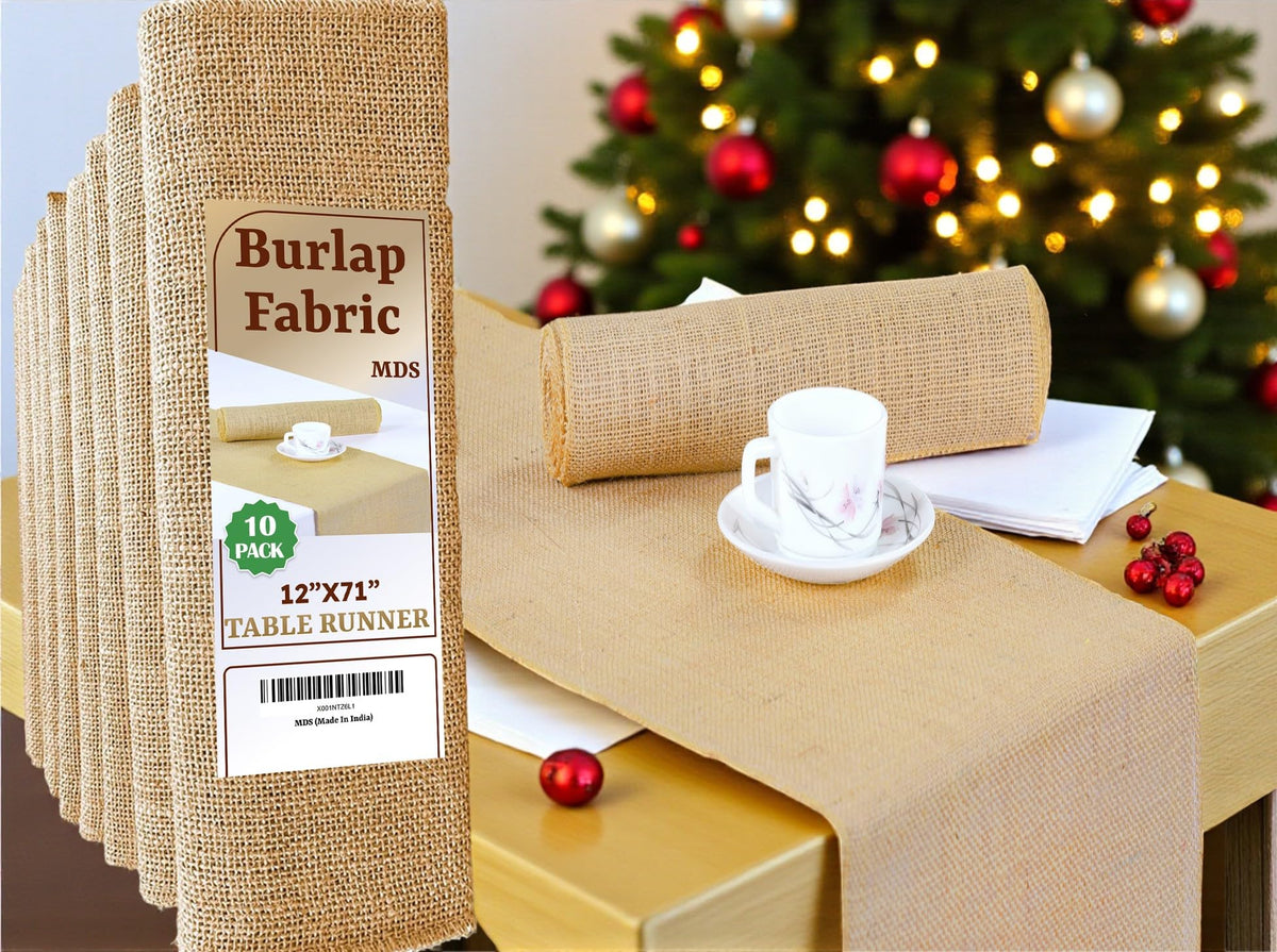 MDS natural burlap table runner 12x72 on rustic wedding table.
