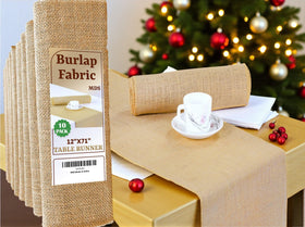 MDS natural burlap table runner 12x72 on rustic wedding table.