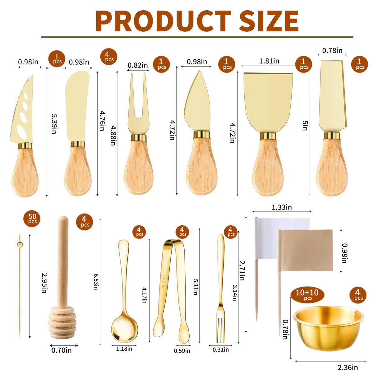 MDSPLPIY gold cheese knives with wooden handles for easy slicing
