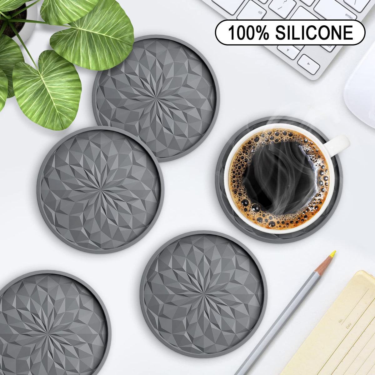 ME.FAN deep-tray design coaster captures overflow for mugs and glasses.