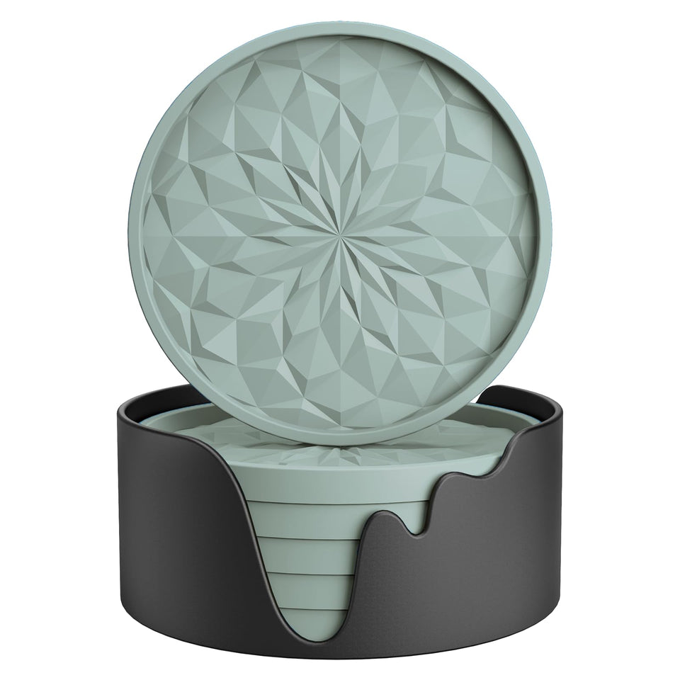 ME.FAN silicone coasters in desert sage with deep tray protecting surfaces from spills