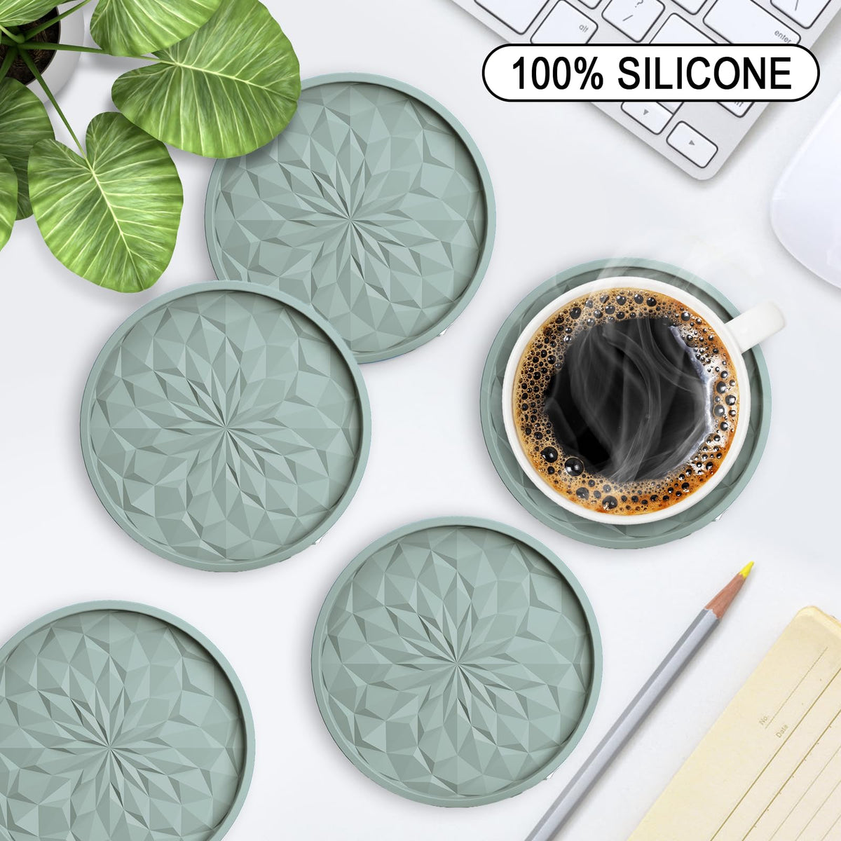 ME.FAN desert sage coasters keep drinks neatly organized on the table
