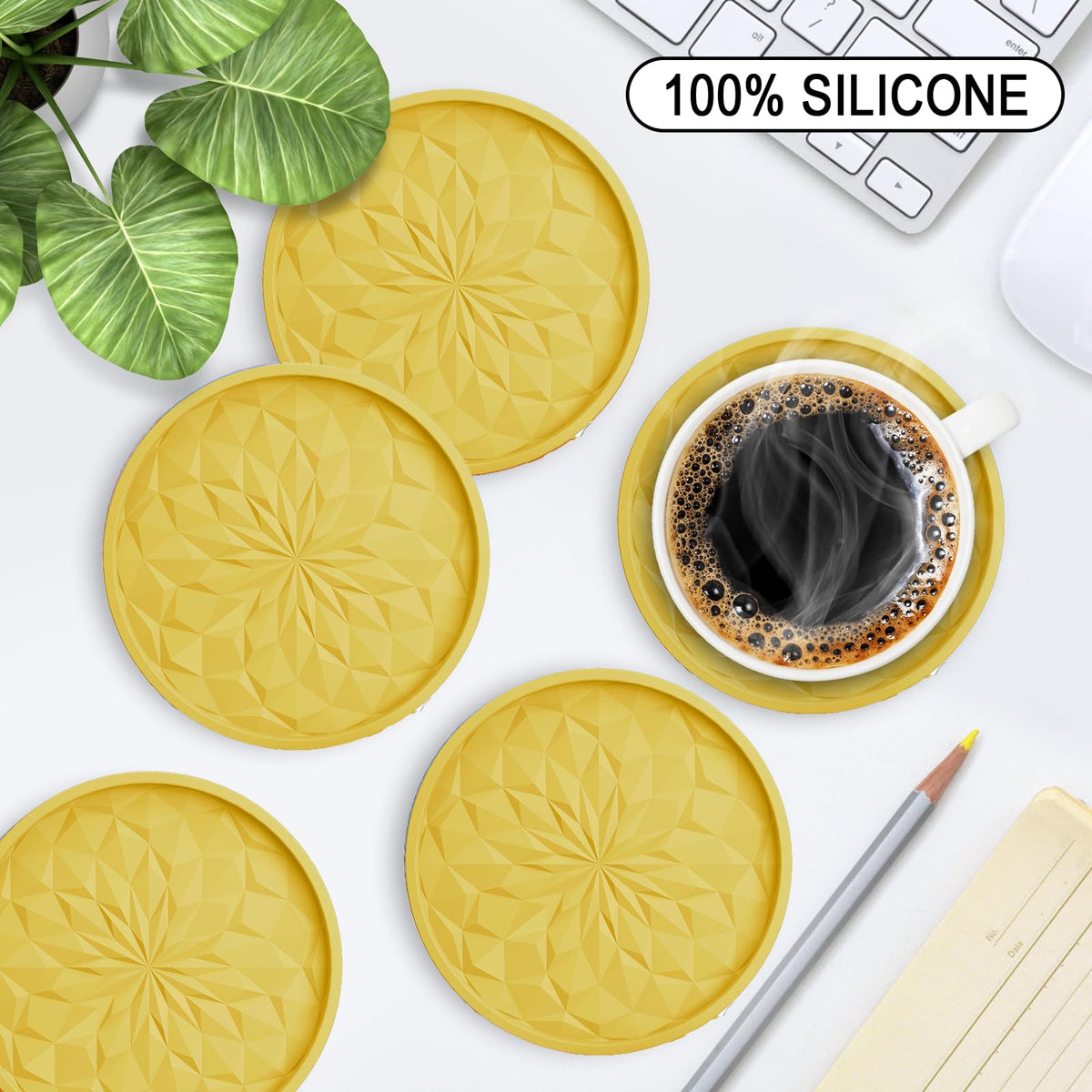 ME.FAN deep-tray coasters in yellow catch spills and condensation