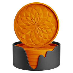 ME.FAN silicone coasters with holder orange front view showing deep tray for spills