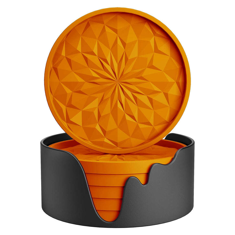 ME.FAN silicone coasters with holder orange front view showing deep tray for spills