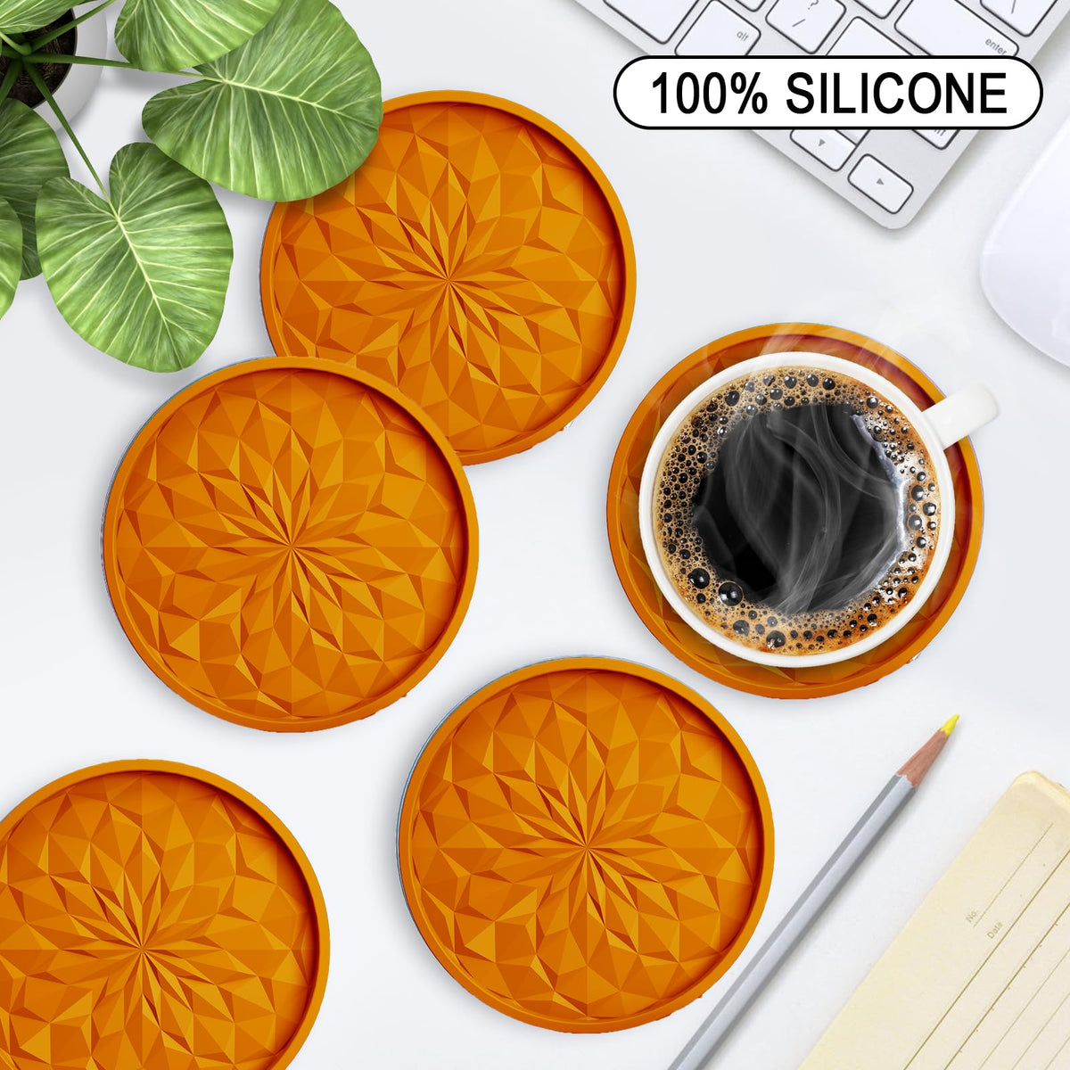 ME.FAN coasters orange with mug on coaster demonstrating surface protection
