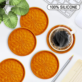 ME.FAN coasters orange with mug on coaster demonstrating surface protection