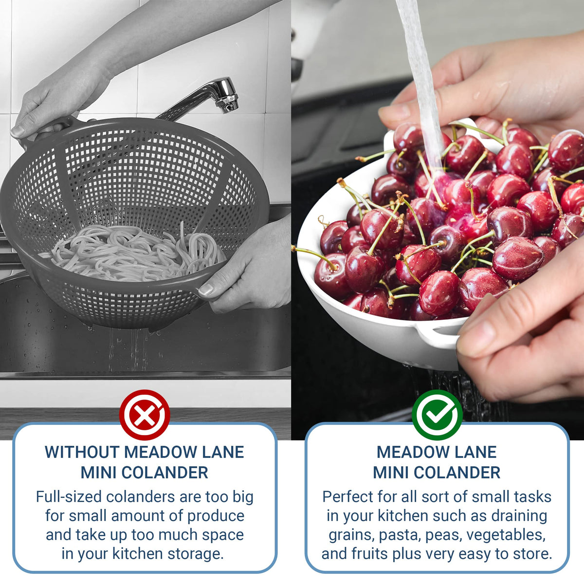 Meadow Lane compact colander fits in drawers, saving cabinet space.