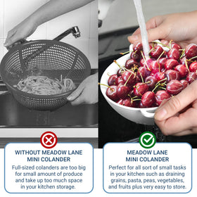 Meadow Lane compact colander fits in drawers, saving cabinet space.