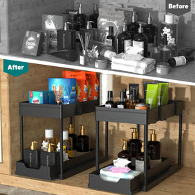 Meafbird two-tier under-sink organizer assembly demonstrates space-saving setup.