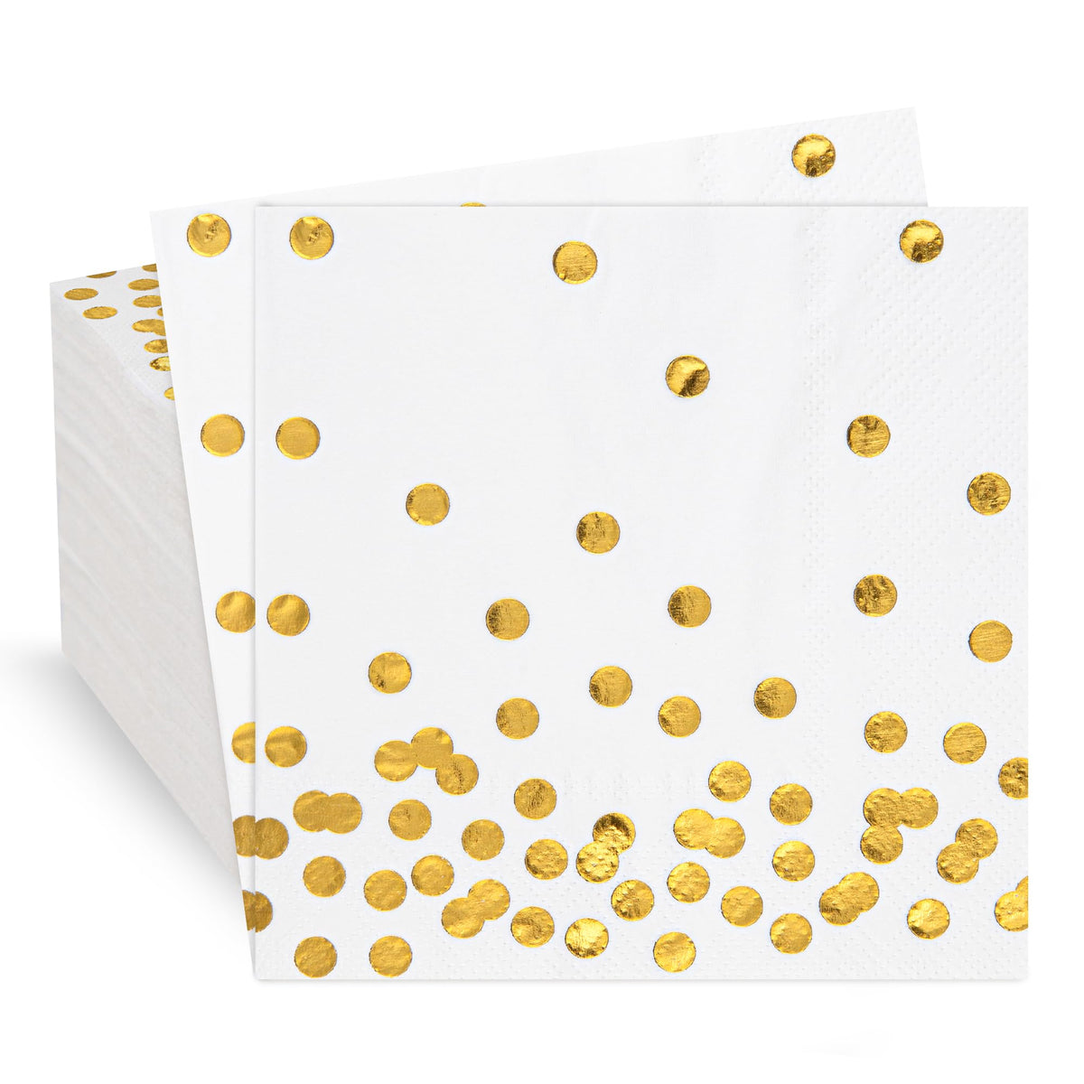 Mealivos 80-pack white napkins with gold foil polka dots for elegant events.