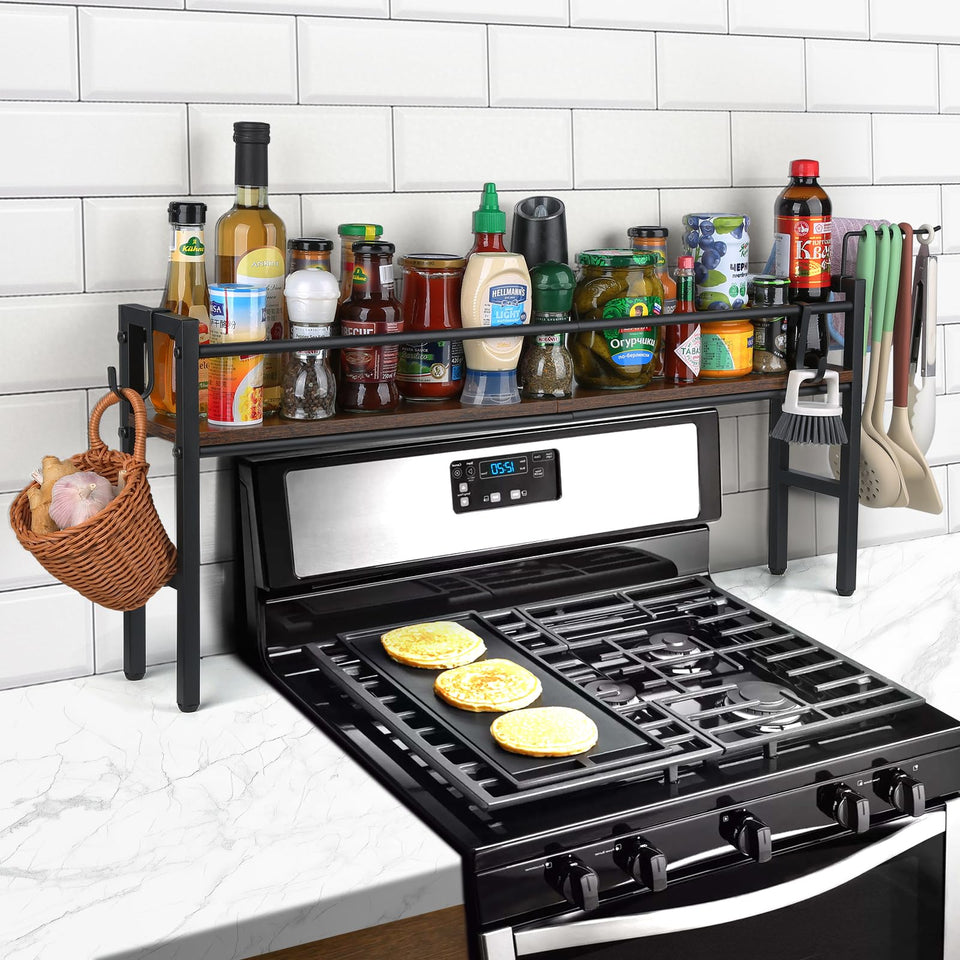 Meangood spice rack shelf on stove top keeps spices organized for quick meal prep