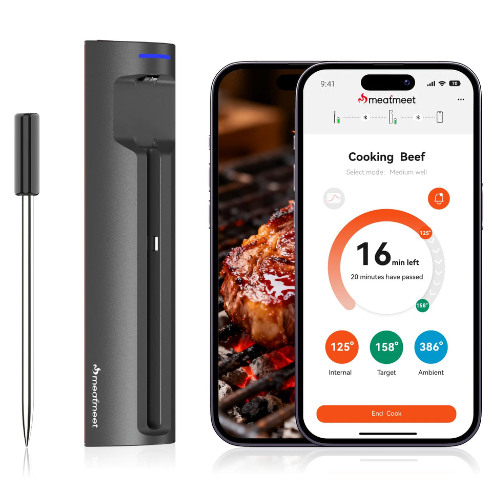 Meatmeet Pro thermometer probe in use on steak for precise doneness.
