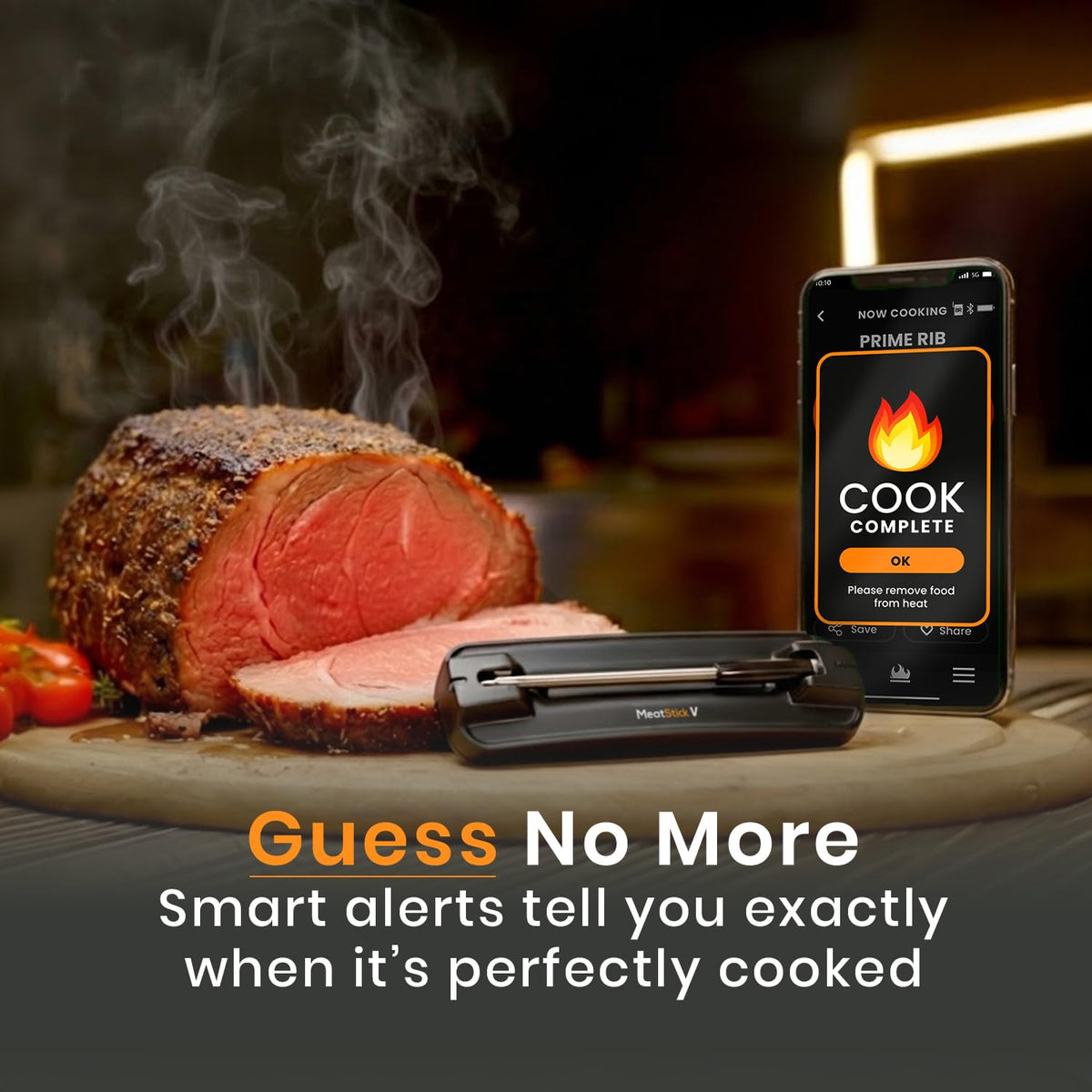 MeatStick V Prime app on screen shows real-time temps and alerts