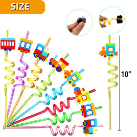 Meaxur train-pattern decorations enhance party beverage setups.