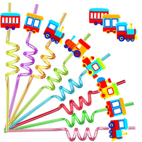 Meaxur train-theme straws in 8 colors for festive drinks.