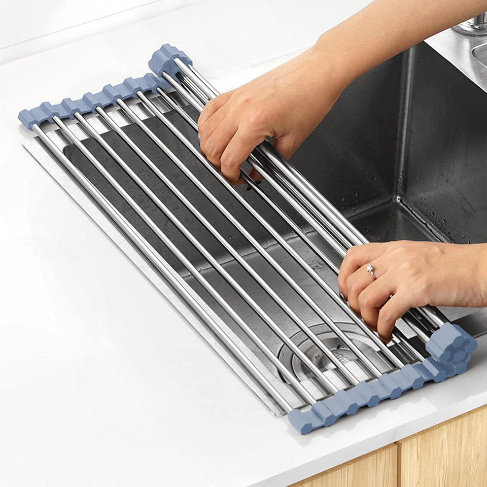 MECHEER over the sink rack rolled up for compact storage and space saving.