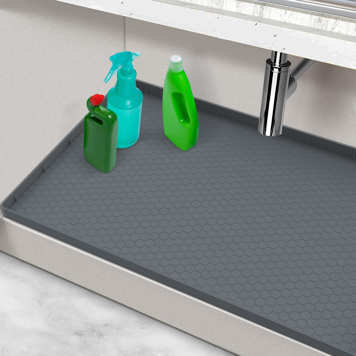 MECHEER silicone under-sink mat 25x19 protecting cabinet floors from leaks.