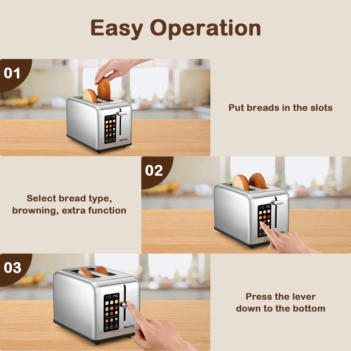 Mecity 2 Slice Toaster browning levels display for tailored toast