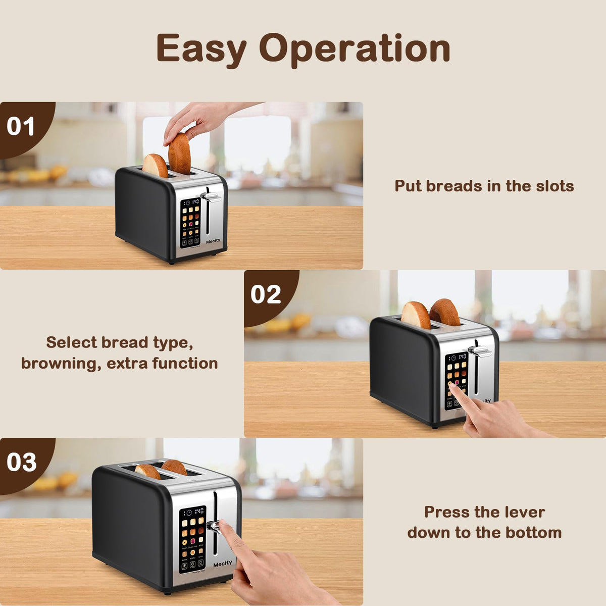 Mecity 2-Slice Toaster defrost and reheat options for convenience