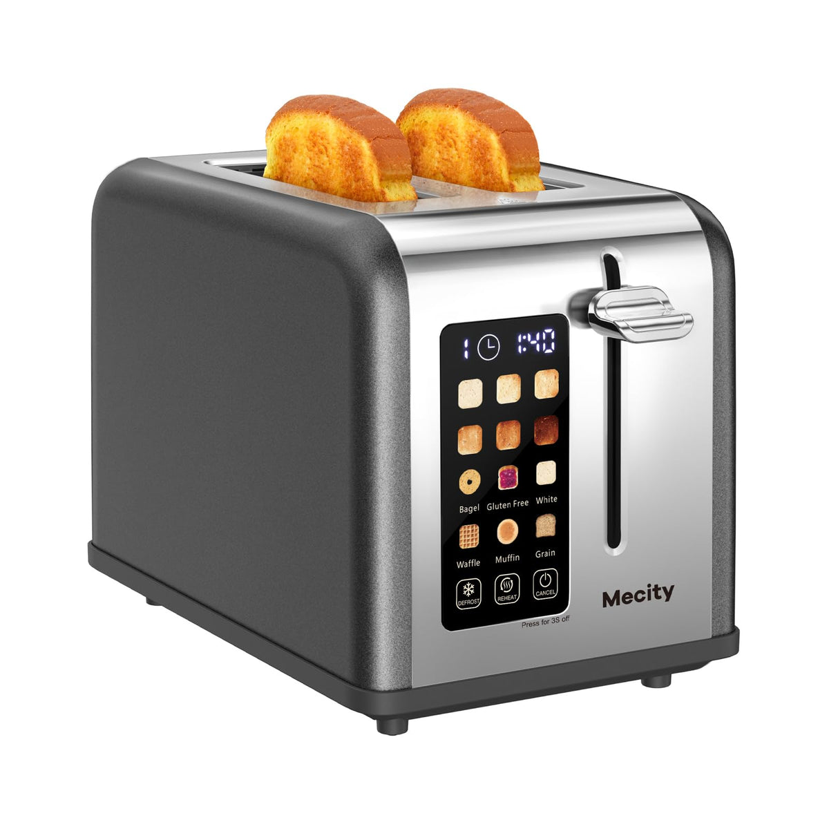 Mecity 2 Slice Toaster front view with sleek stainless steel.