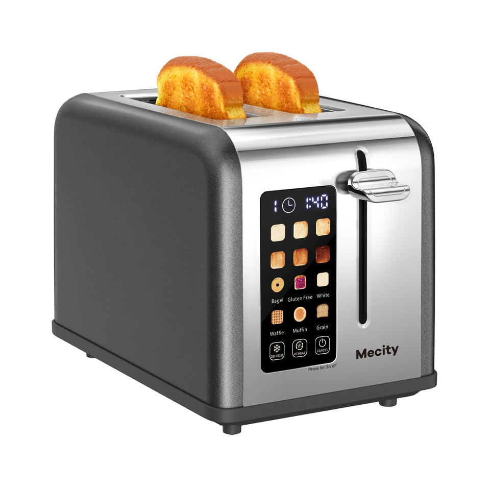 Mecity 2 Slice Toaster front view with sleek stainless steel.