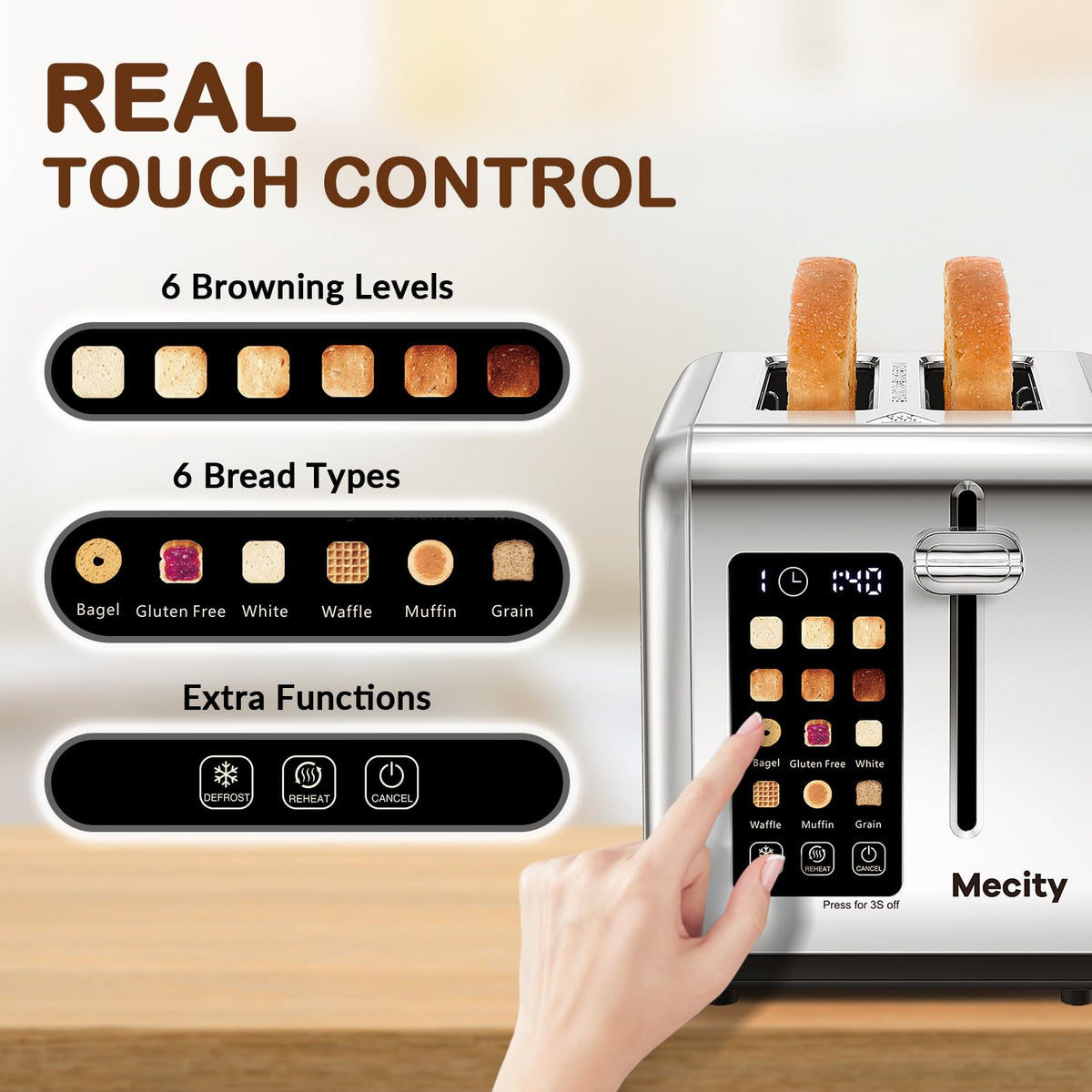 Mecity 2 Slice Toaster interior featuring one point five inch slots for bagels