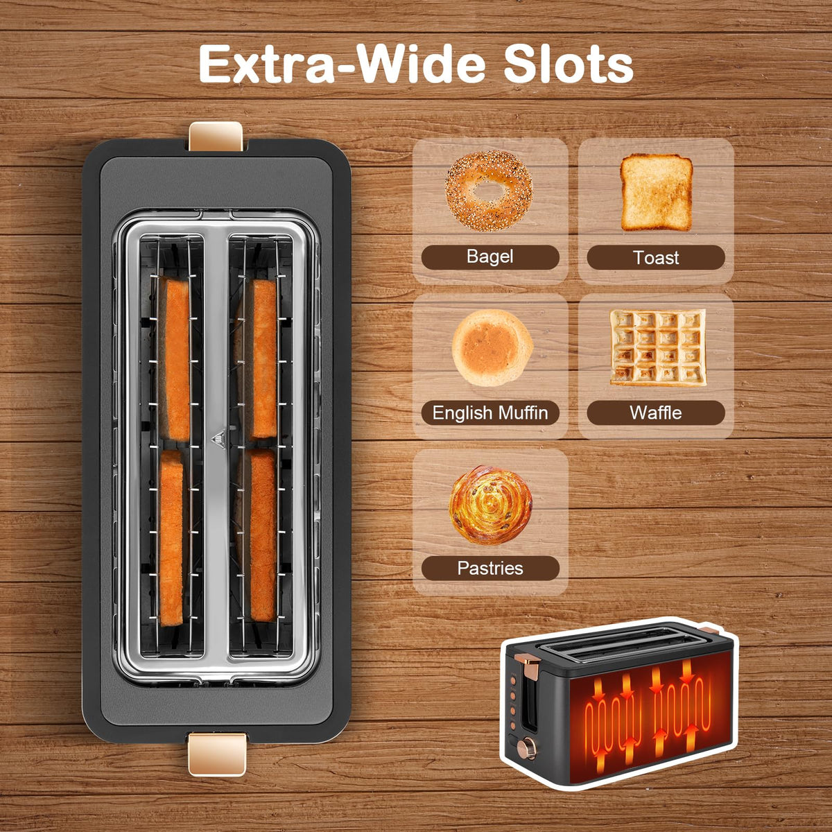 Mecity toaster offers six browning settings for personalized crunch.